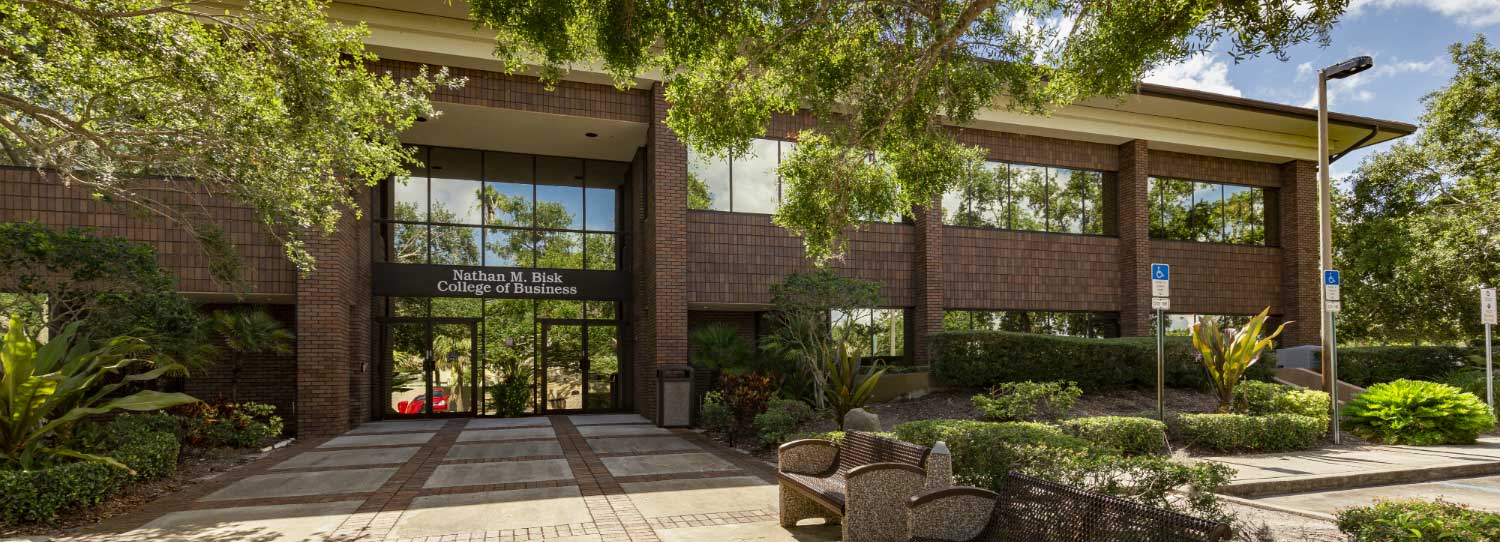 Outside view of Nathan M Bisk College of Business building