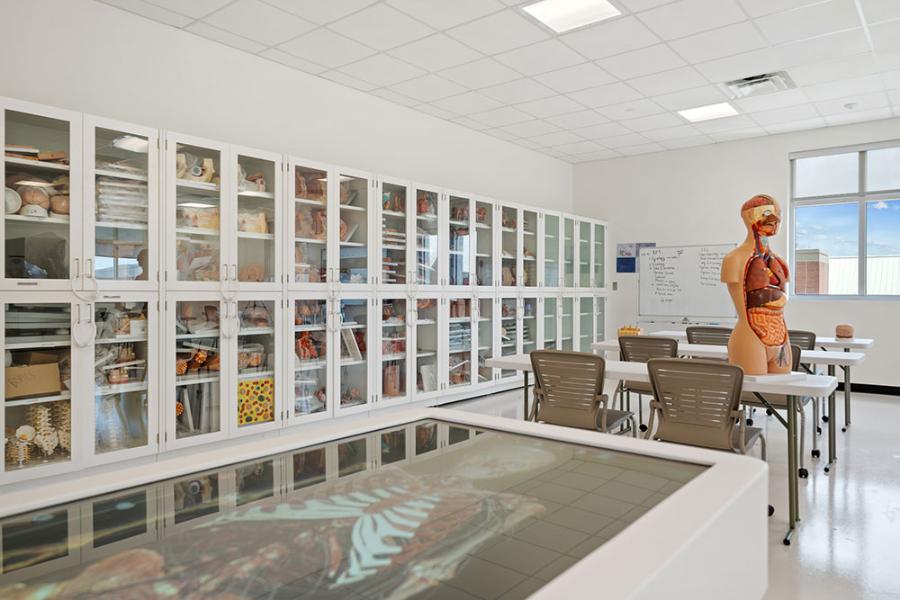 Photo of a premedical classroom, with interactive workstation.