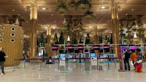 Travelers at self-check in kiosks at airport