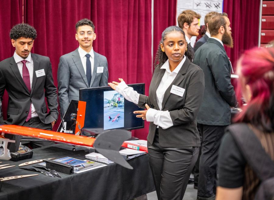 Students present their AIAA Design, Build, Fly project at the Student Design Showcase.