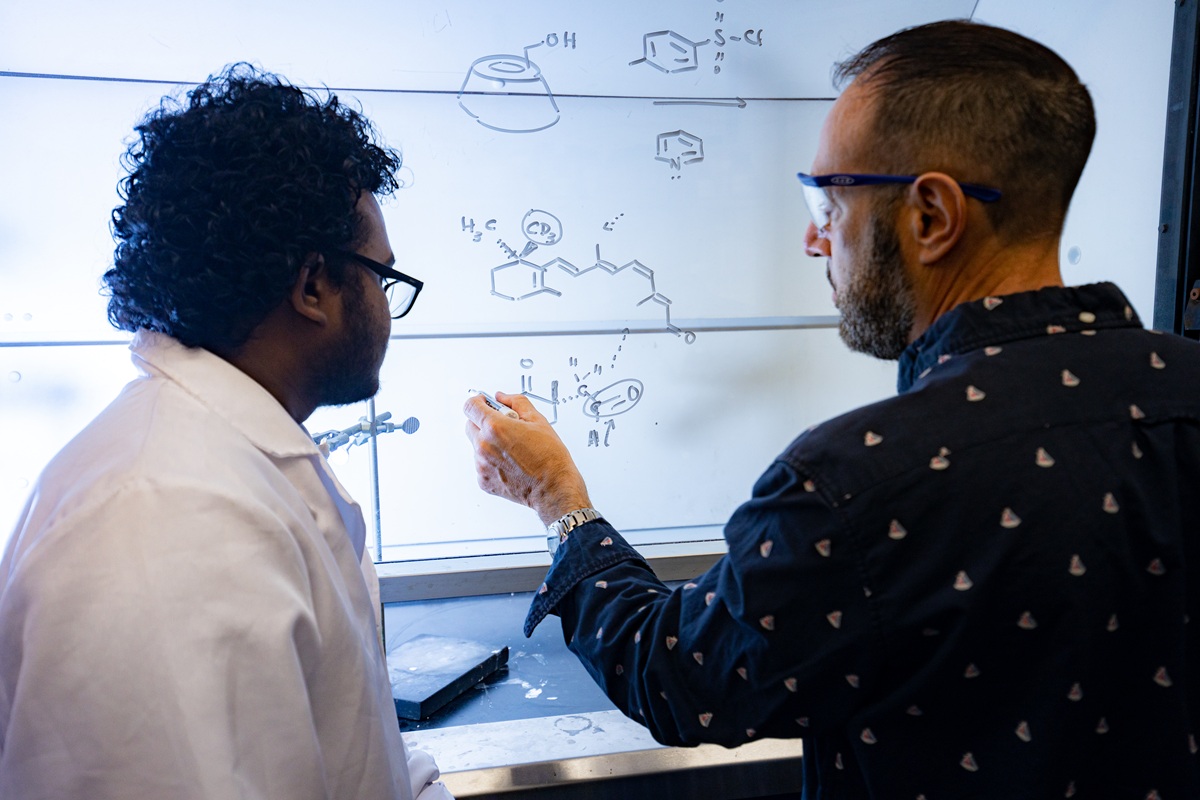 A graduate student and professor discuss a chemical formula