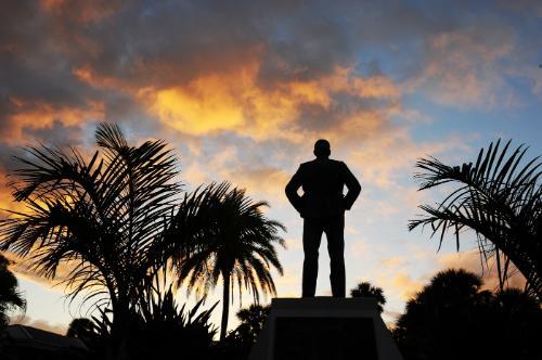 A statute on campus of the university's founder, Jerry Keuper.