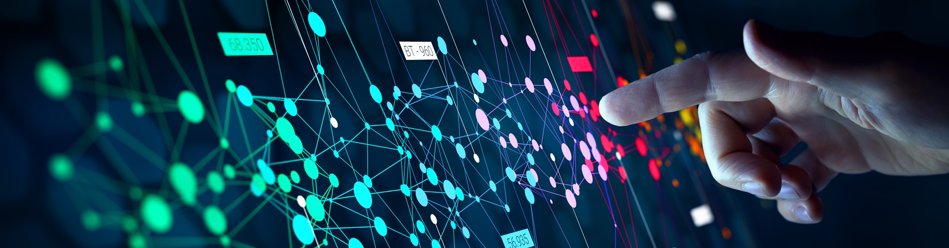 A hand pointing to a conceptual image of data points on a screen