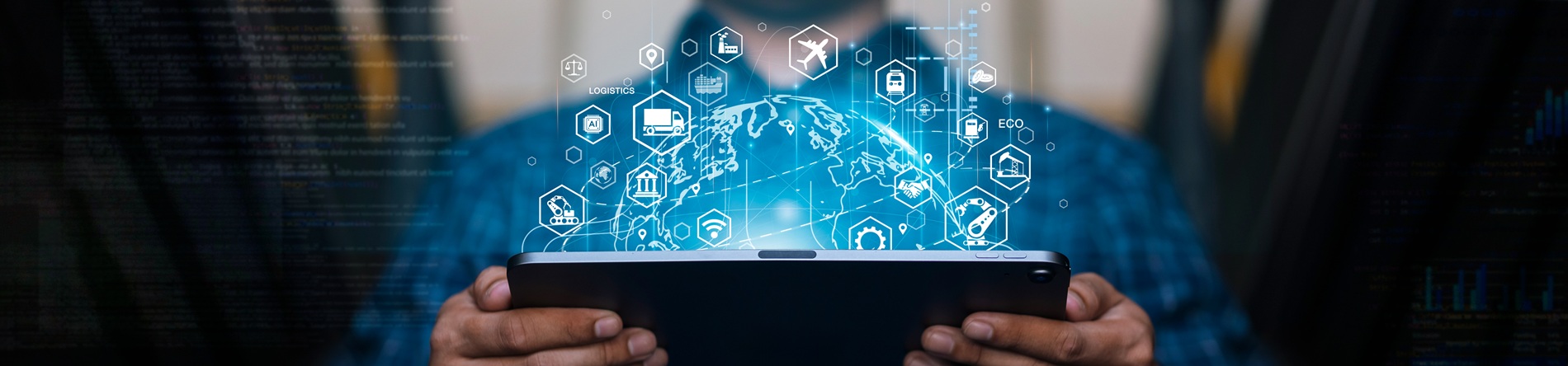 Icons related to supply chain over a visualization of the globe