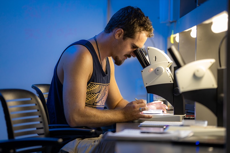 A student looks through a microscope in biological oceanography lab