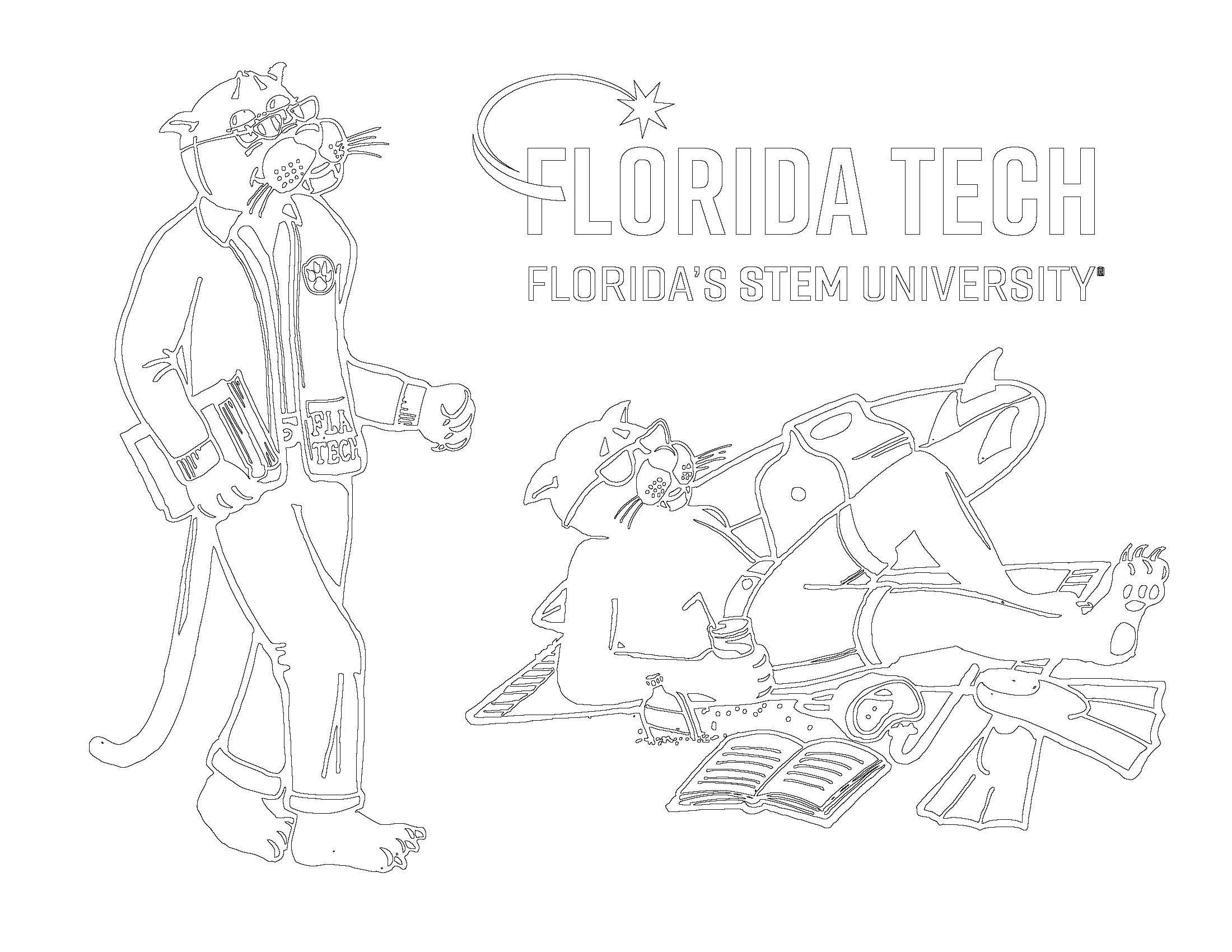 Florida Tech coloring page of panther going to class and beach