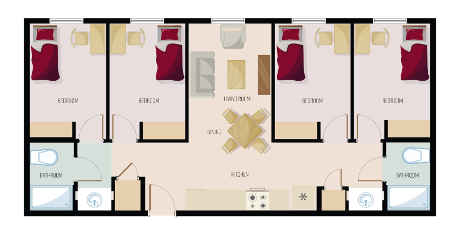 An overhead view of a typical apartment in Florida Tech's new student housing complex. It shows four bedrooms, two small bathrooms, a living/dining/kitchen area. Each bedroom has a window.