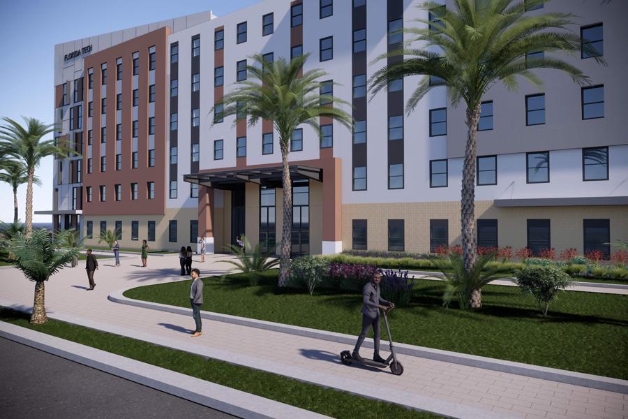 Sidewalk view of the new student housing complex