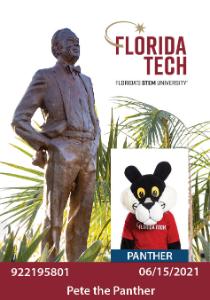 Florida Tech student, faculty and staff photo ID card with logo and image of Keuper statue