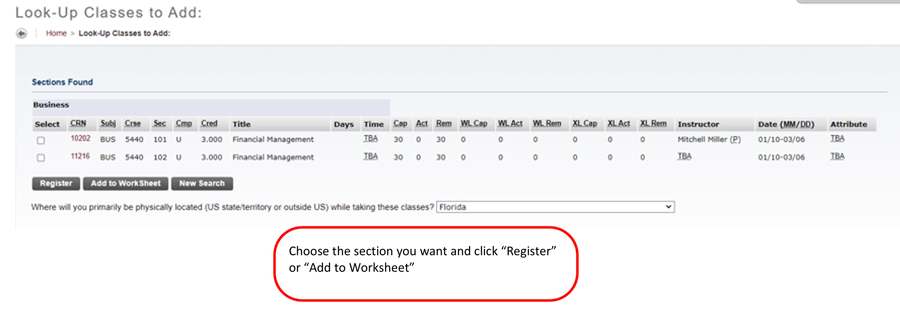 Choose the section you want and click Register or Add to Worksheet