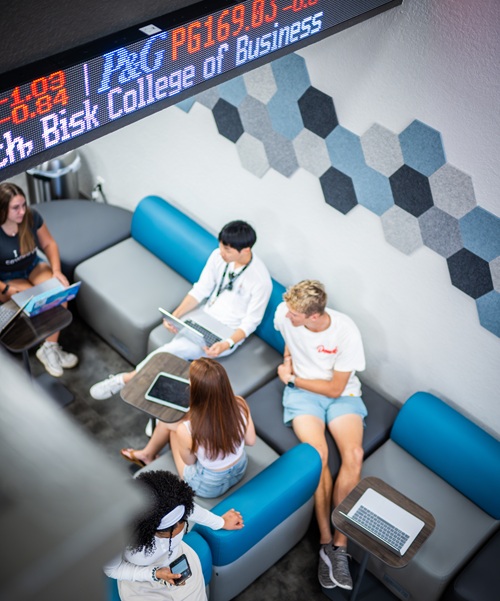 Students gathered in the College of Business lobby