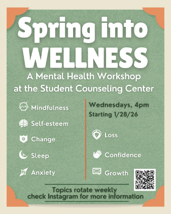 A green board with the topics for the Spring Workshop