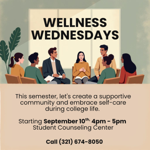 Cartoon art work of Students sitting in a semi circle for a support group workshop for college mental health. Mets Every Wednesday 9/10/2025 at 4pm at the Student Counseling Center