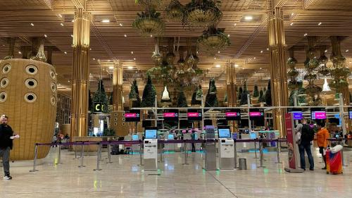Travelers at self-check in kiosks at airport
