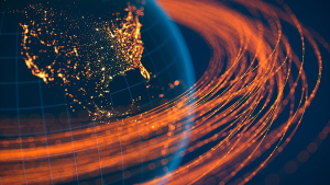 Abstract illustration of fiber optics wrapping around Earth