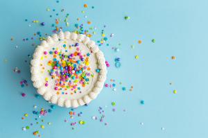 Bird's eye view of a decorated birthday cake