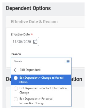 Workday Benefits - Dependent Options Window