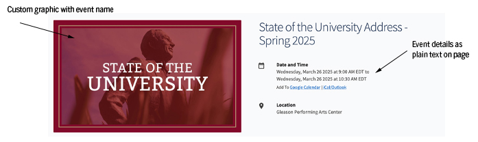 Example of an Engage event page showing a custom event graphic and logistical information as plain text on the page