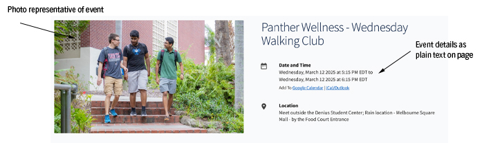 Example of an Engage event page showing a relevant event photo and logistical information as plain text on the page