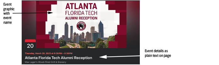 Example of a Facebook event header showing a custom event graphic and logistical information as plain text on the page