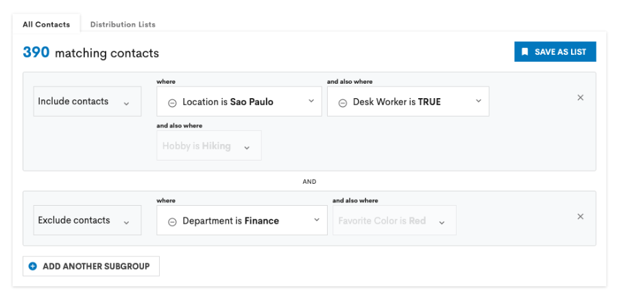 Example window of filtering users for a custom distribution list in Staffbase