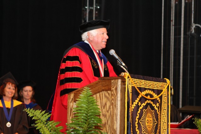 Giving a speech at the podium