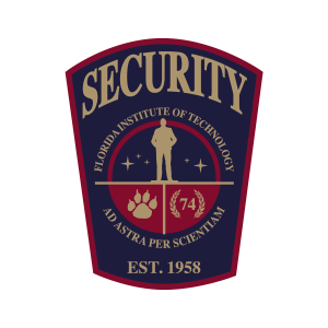 Florida Tech Security badge depicting images of the Keuper statue, a panther paw, the number 74 in memorium of a fallen officer, the university mantra 