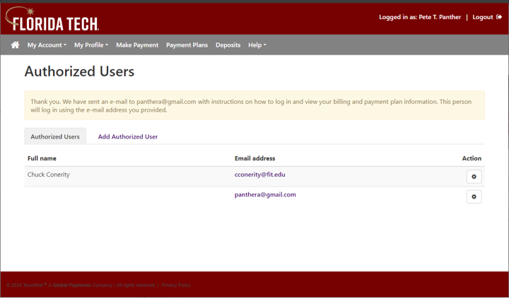 Your new Authorized User will now display on your list of Authorized Users.