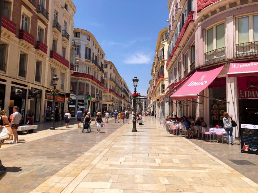 Shops on Calle Marqués de Larios, Malaga, Costa del Sol, Andalucia, Spain